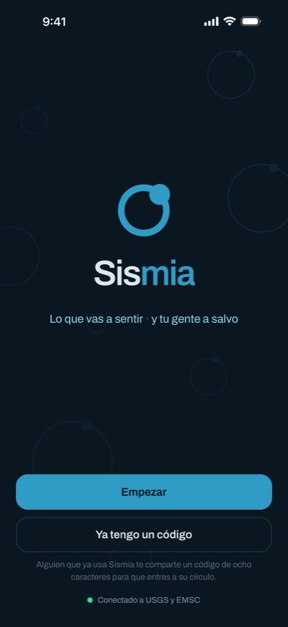 Pantalla de bienvenida de Sismia, con el logotipo y el botón para empezar