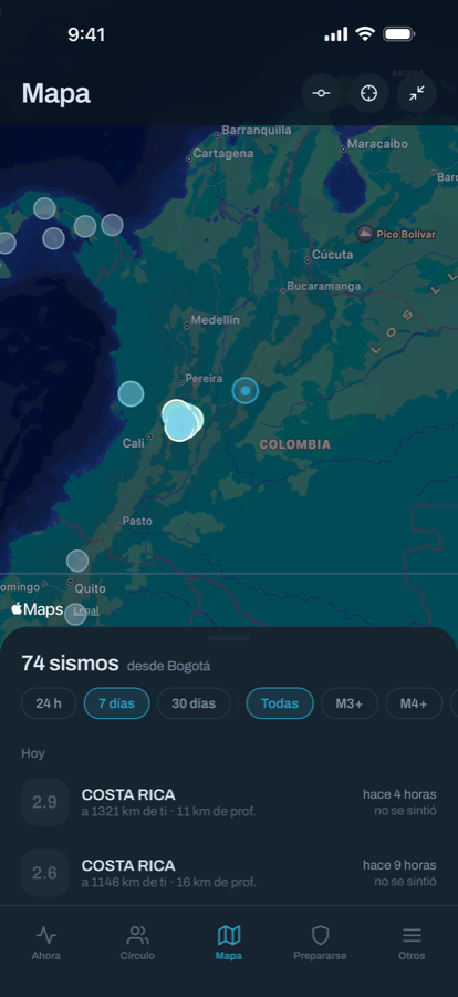 Pantalla Mapa: los sismos recientes sobre el mapa de Colombia, con la escala de intensidad